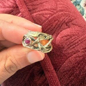 Gold Antique Art Nouveau  tree branch ring with ruby